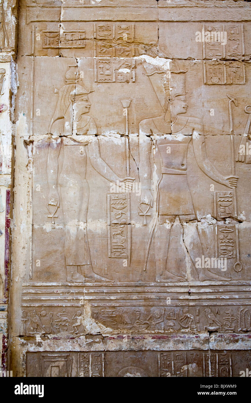 Reliefs at the Roman Temple of Deir el Hagar, Monastery of Stone, Dakhla Oasis, Western Desert of Egypt Stock Photo