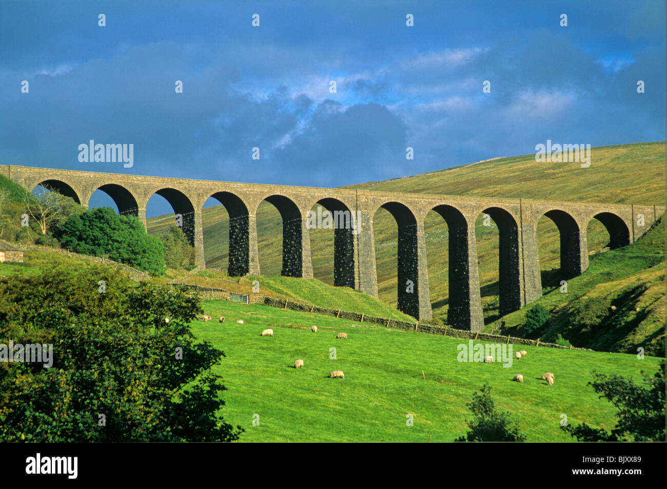 Railroad viaduct in Dentdale Valley along the Dales Way Footpath, near Cowgill, Cumbria, England Stock Photo