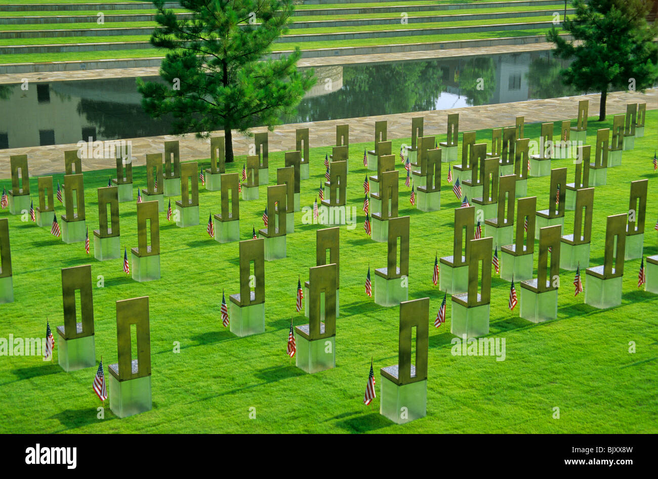 Field of empty chairs and reflection pool at site of bombing, Oklahoma National Memorial, Oklahoma City, Oklahoma, USA Stock Photo