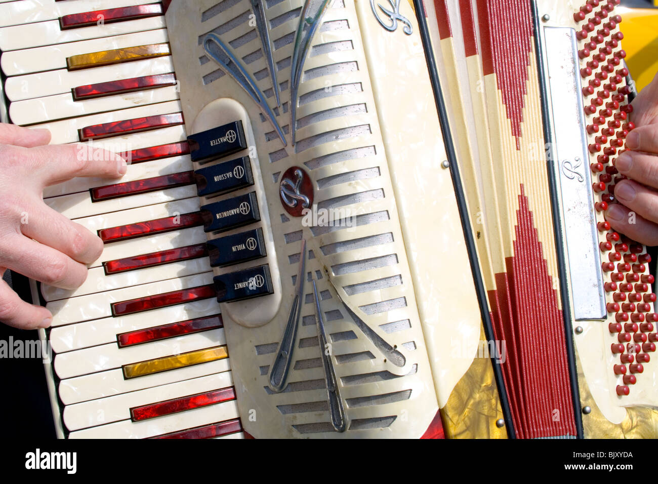 Close-up of accordion keyboard. Cinco de Mayo Fiesta St Paul Minnesota USA Stock Photo