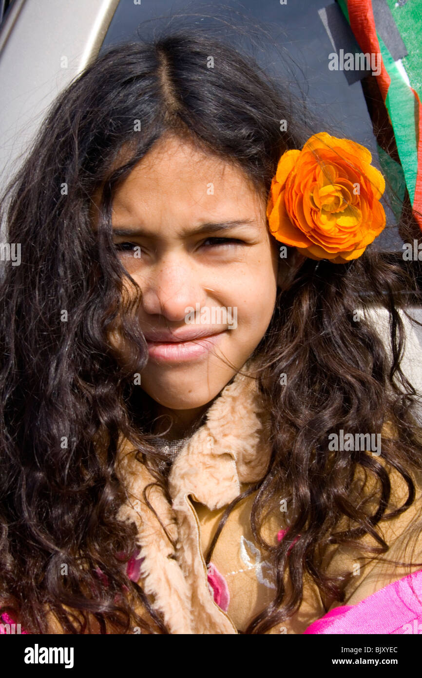 Beautiful Latino teen age 13 marching in parade. Cinco de Mayo Fiesta St Paul Minnesota USA Stock Photo