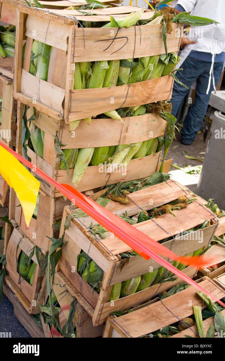Crates of corn ready to be roasted at the corn on the cob shop on the