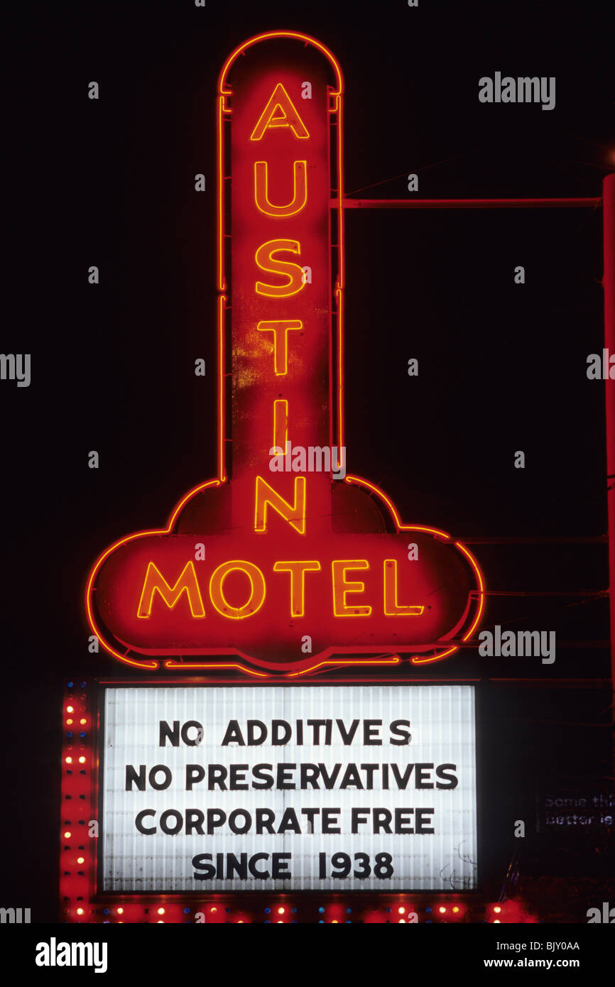 Historic motel neon sign at Congress Avenue in Austin, Texas, USA Stock Photo