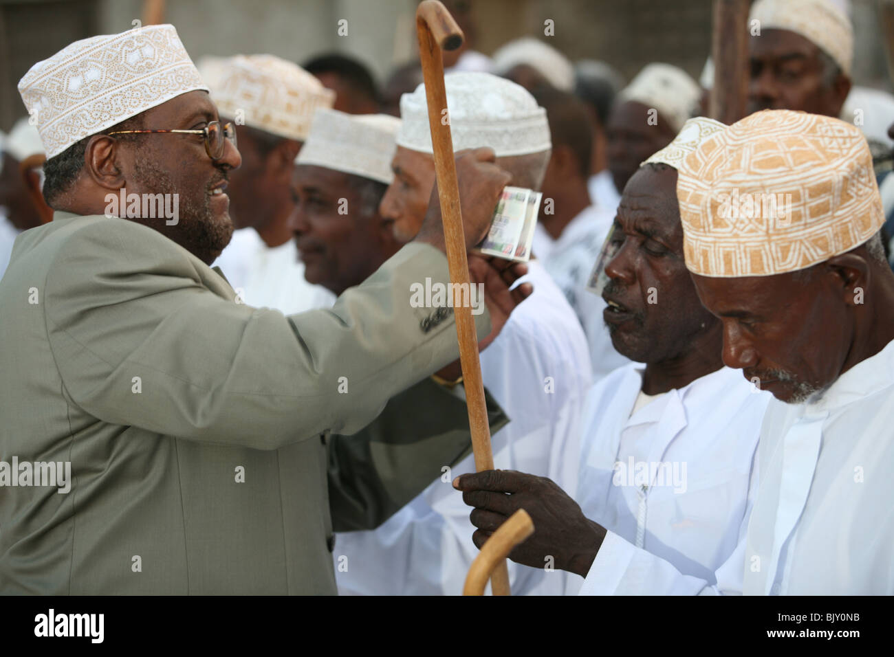The maulidi celebration of Prophet Mohammed's birthday outside Riyadha Mosque Lamu Kenya Stock Photo