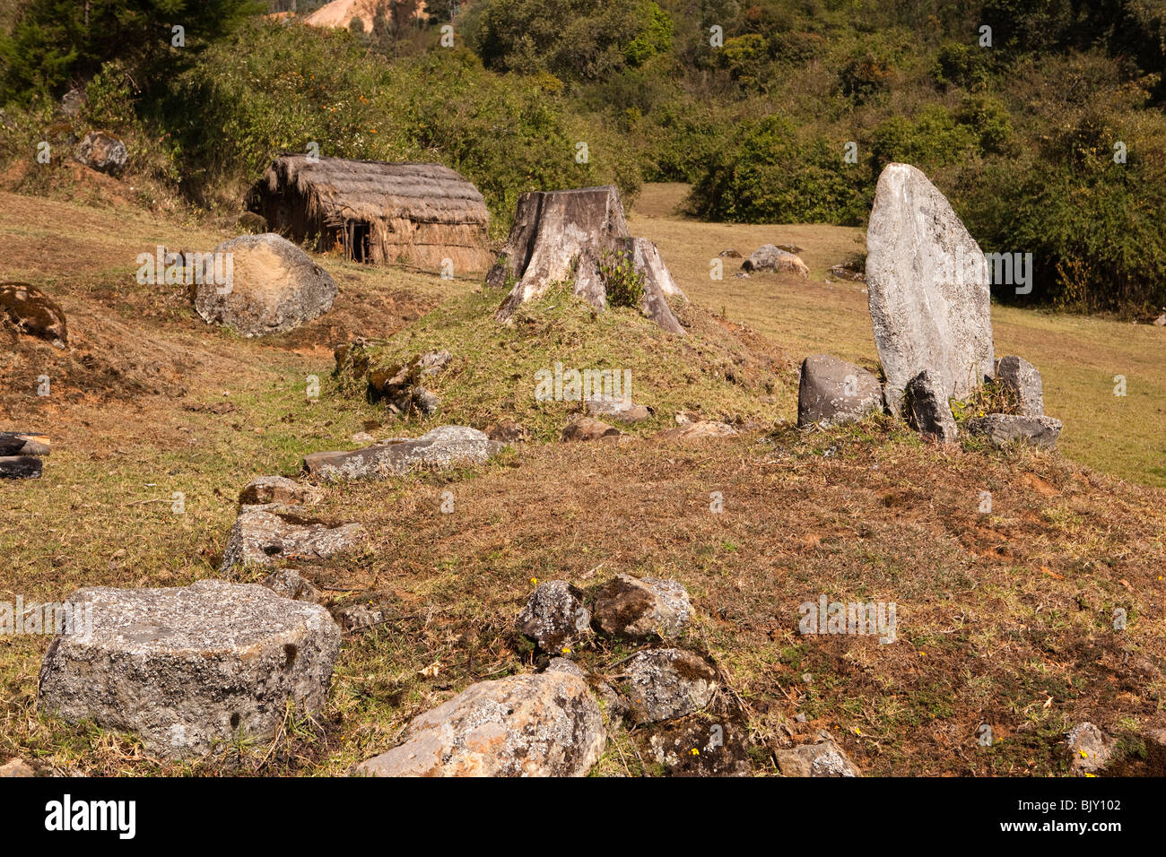 India, Tamil Nadu, Udhagamandalam (Ooty), Toda tribe ritual stone priests seat and temple to goddess Teikirshy Stock Photo