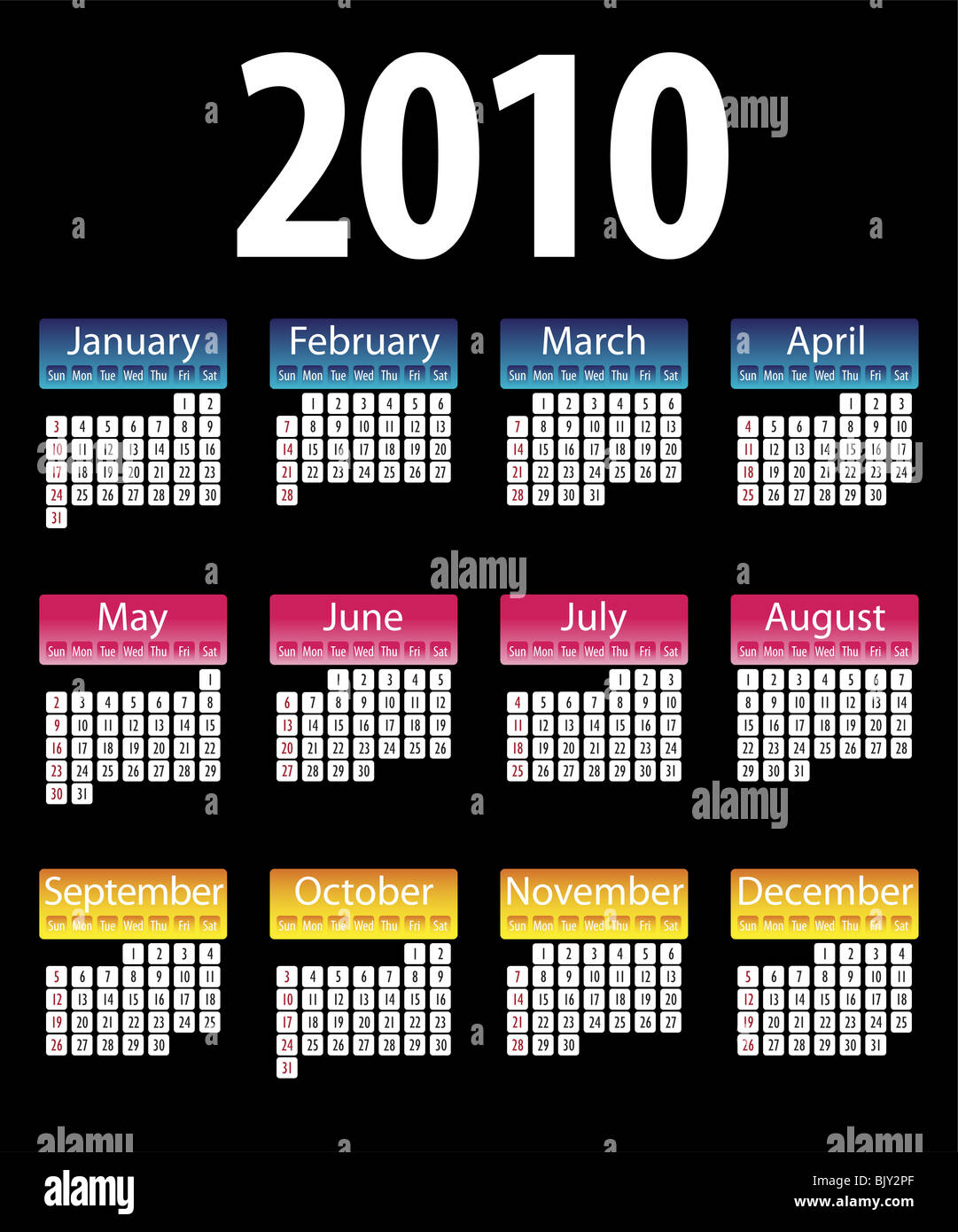 Modern and colorful calendar 2010 with stripes and stars Stock Photo