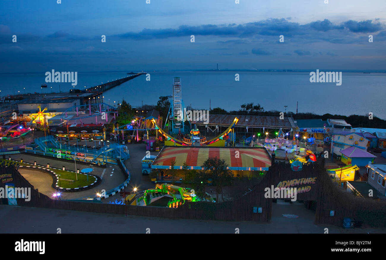 An evening view of Adventure Island on Southend on sea seafront Stock Photo
