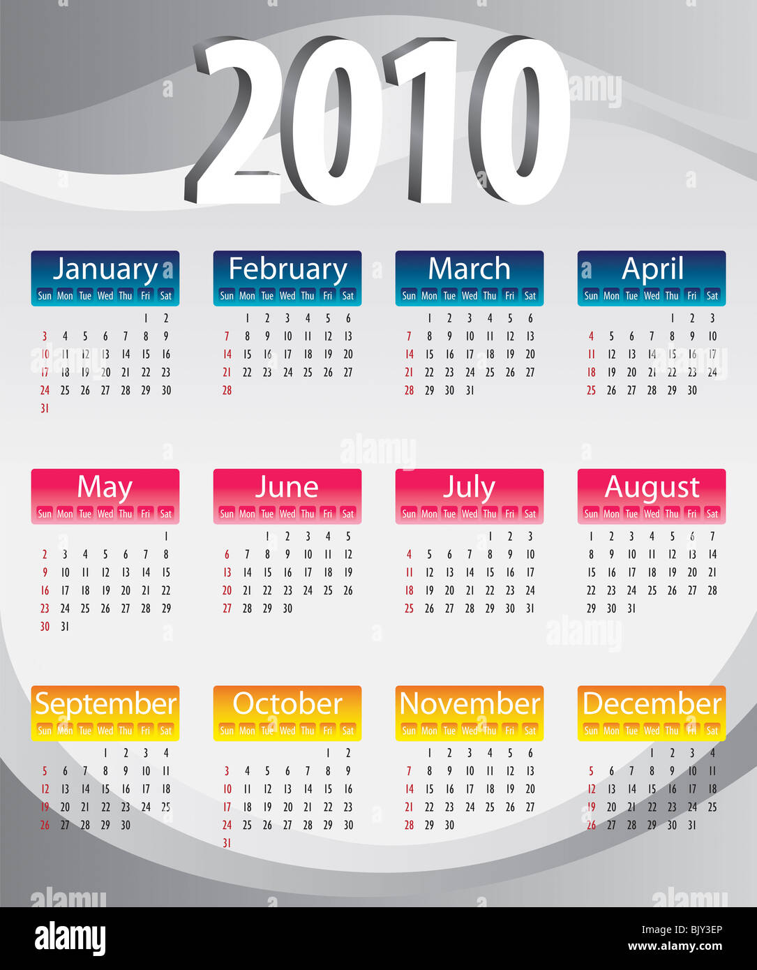 Colorful calendar 2010 in blue, yellow and pink Stock Photo