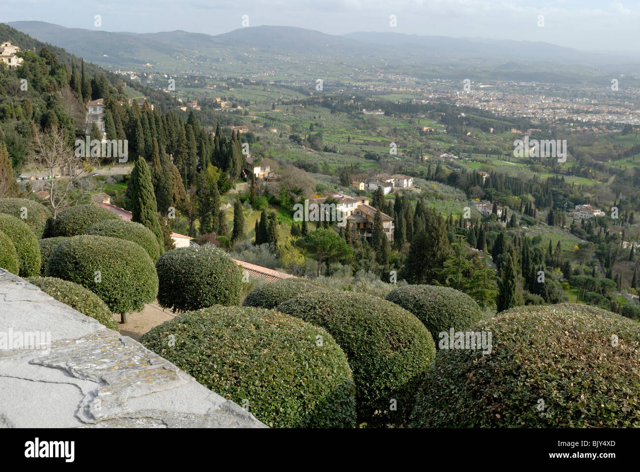 A spectacular view of the plain and Florence below Fiesole from Via di San Francesco. Fiesole, Tuscany, Italy, Europe. Stock Photo