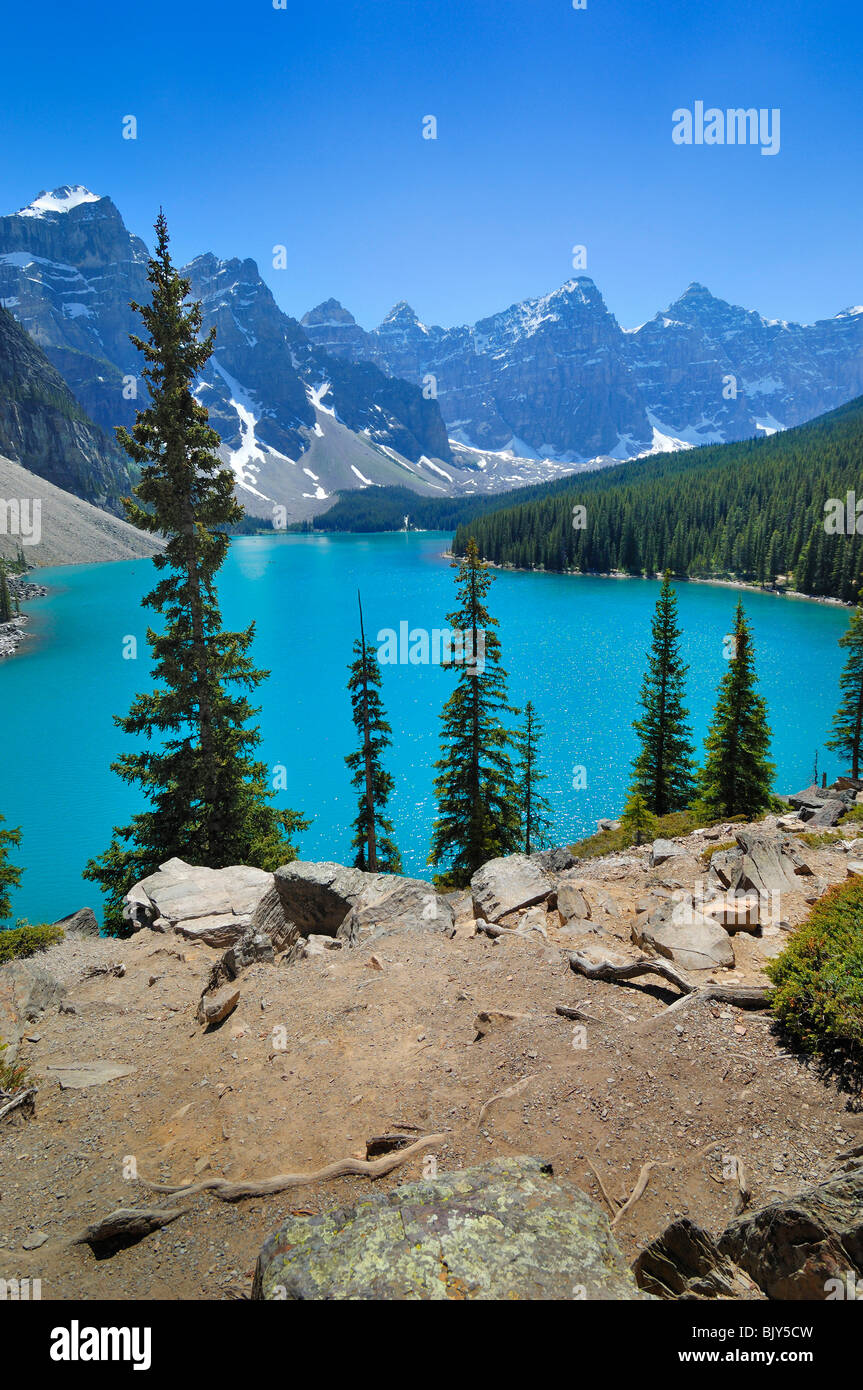 Moraine Lake in the Province of Alberta, Canada, is one of the countrys most beautiful lakes. Stock Photo