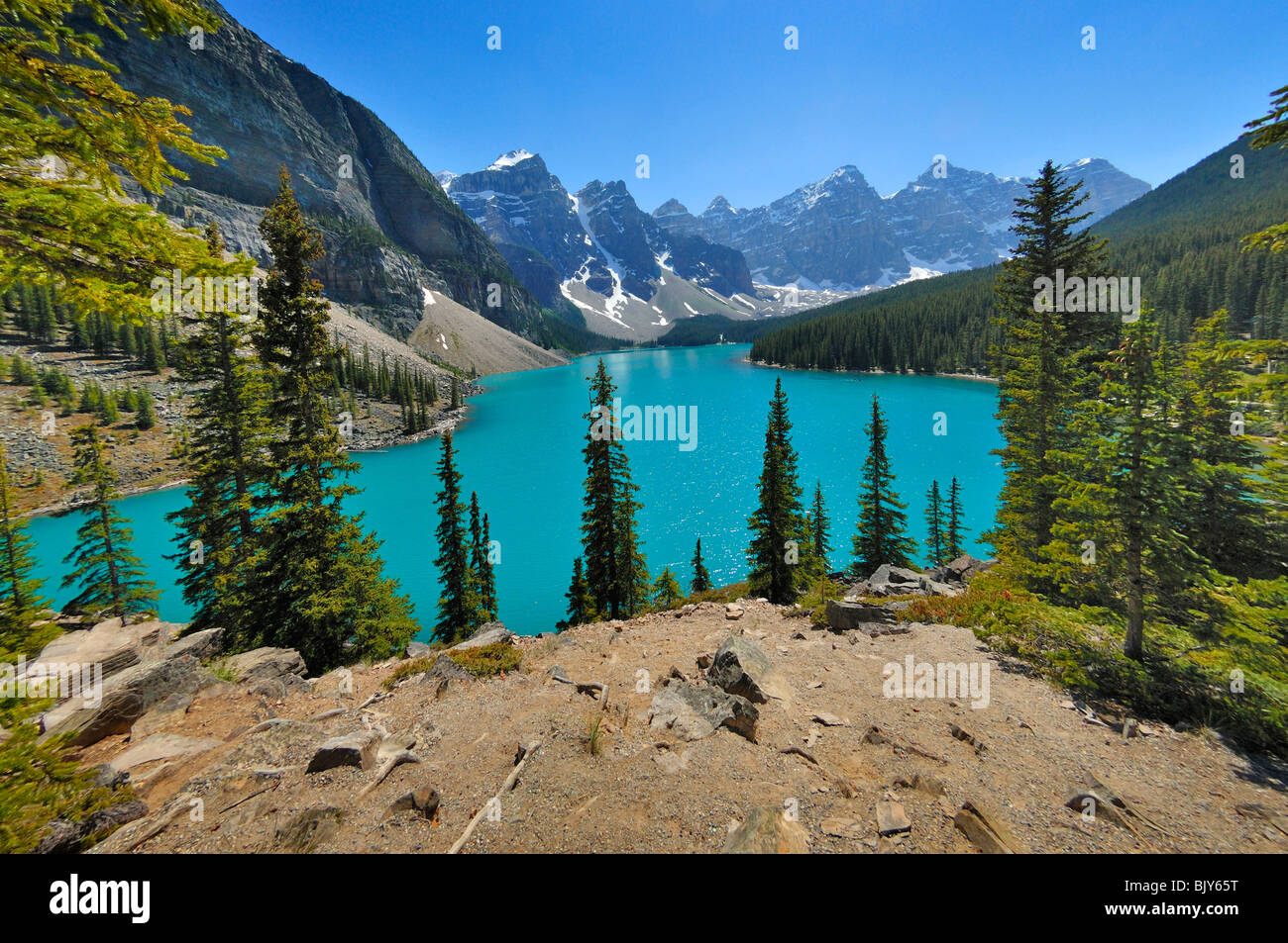 Moraine Lake in the Province of Alberta, Canada, is one of the countrys most beautiful lakes. Stock Photo