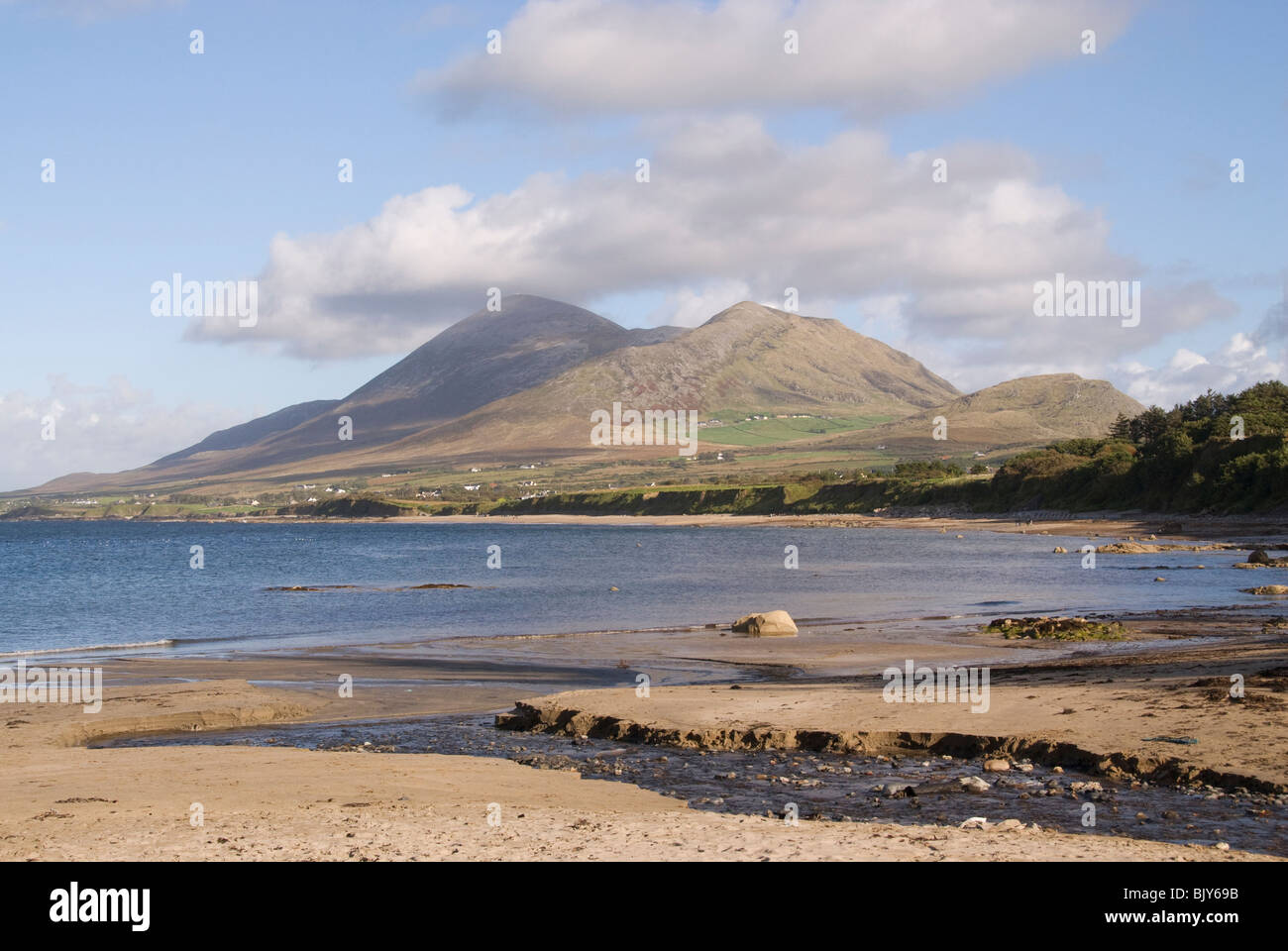 Croagh Patrick mountain (on left) from Louisburgh beach, County Mayo, Ireland Stock Photo