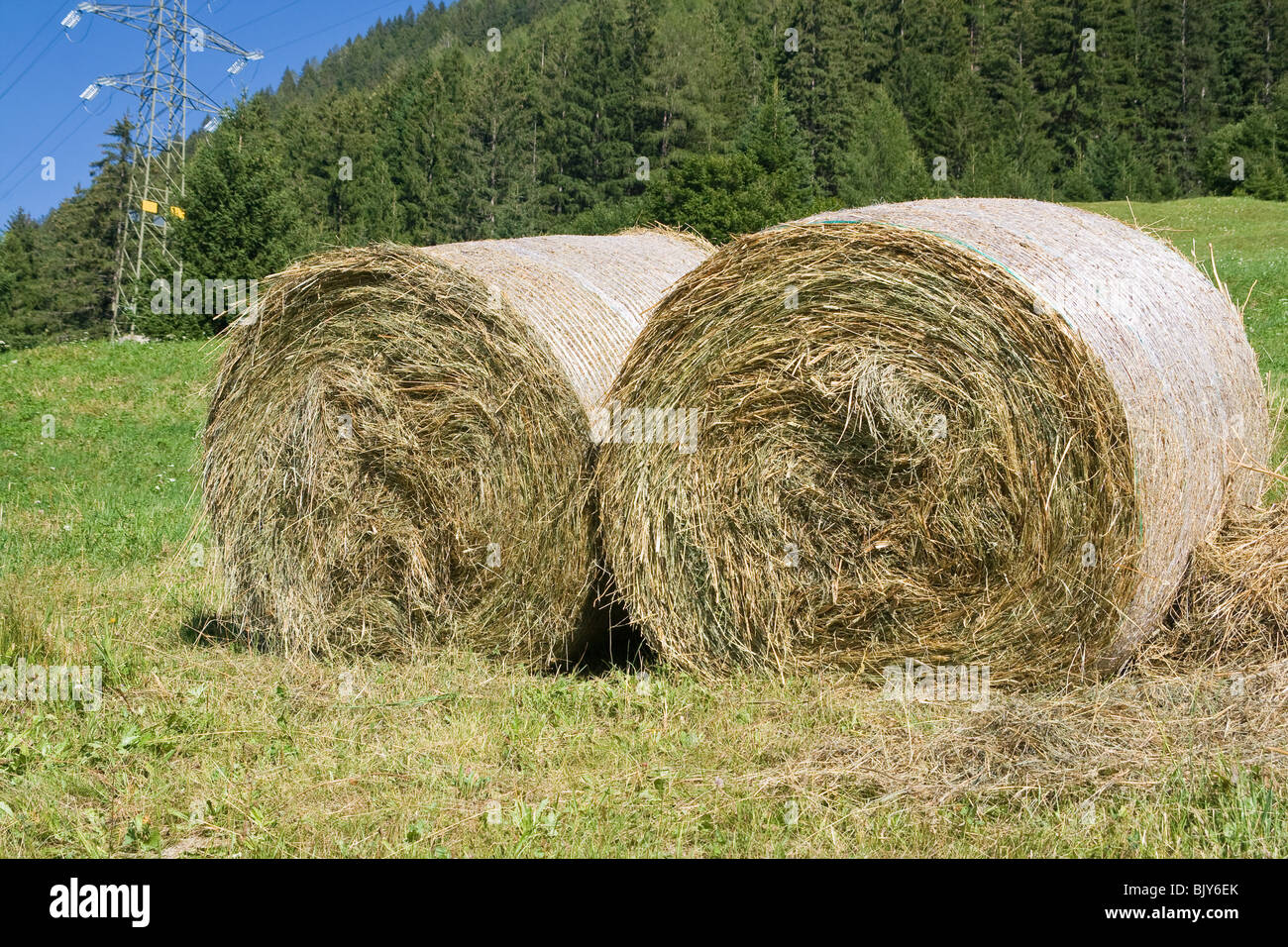alpine field with two sheaves of hay Stock Photo - Alamy