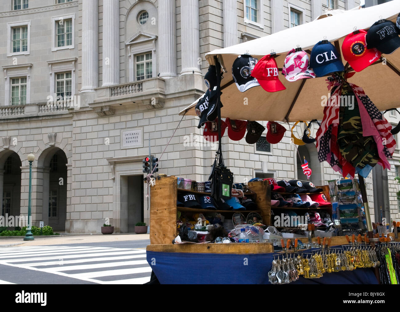 The Internal Revenue Service Building in Washington DC with a street vendor in the foreground. Stock Photo