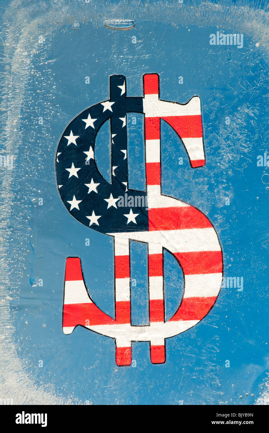 Stars and stripe dollar sign encased in ice with blue background Stock Photo