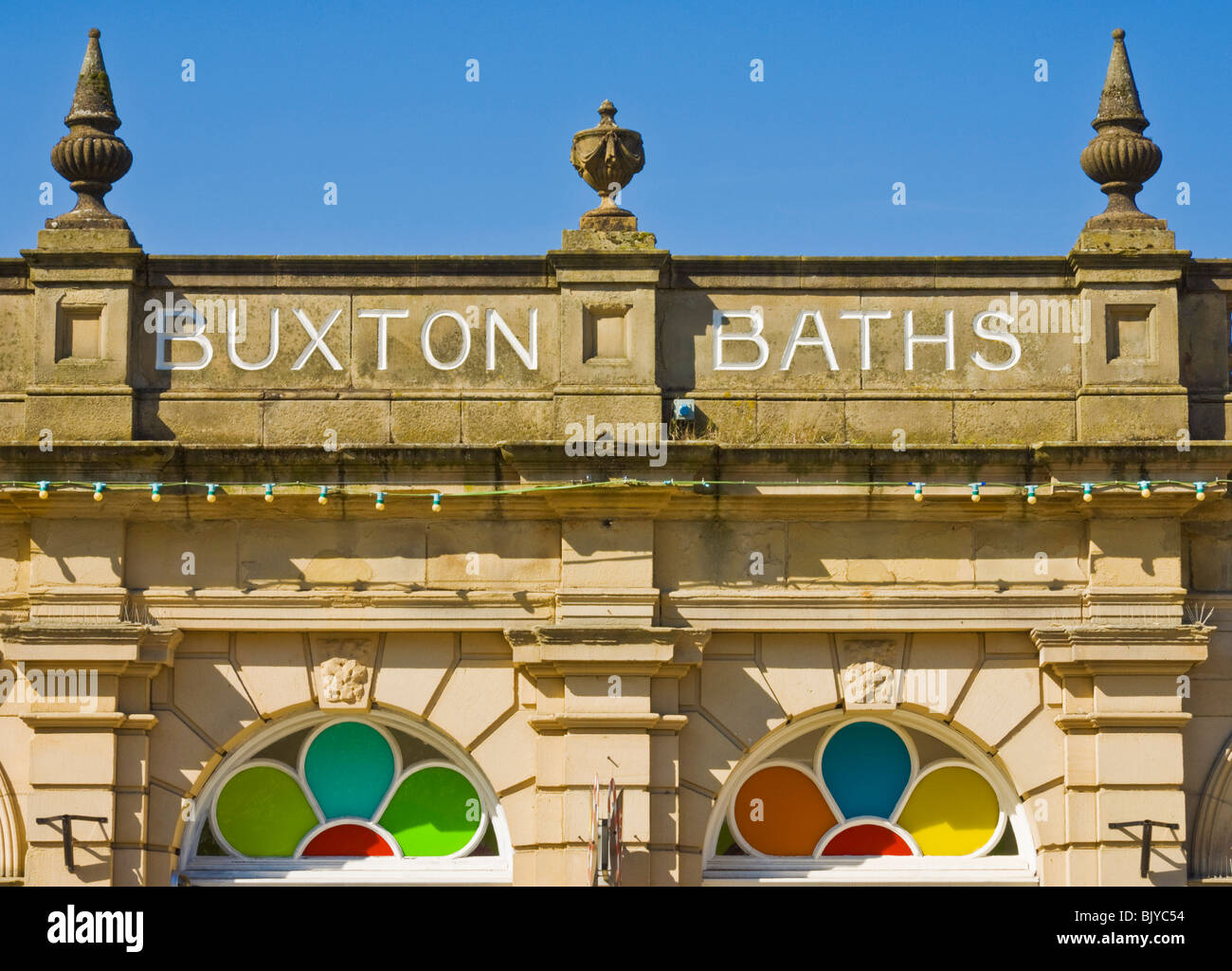 Front facia of the old Buxton spa baths Buxton Spa Derbyshire England UK GB EU Europe Stock Photo