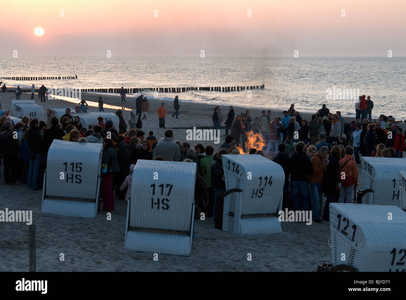Easter fire in the evening at the beach of Kuehlungsborn, Germany, Baltic Sea, Mecklenburg-Western Pomerania. Stock Photo