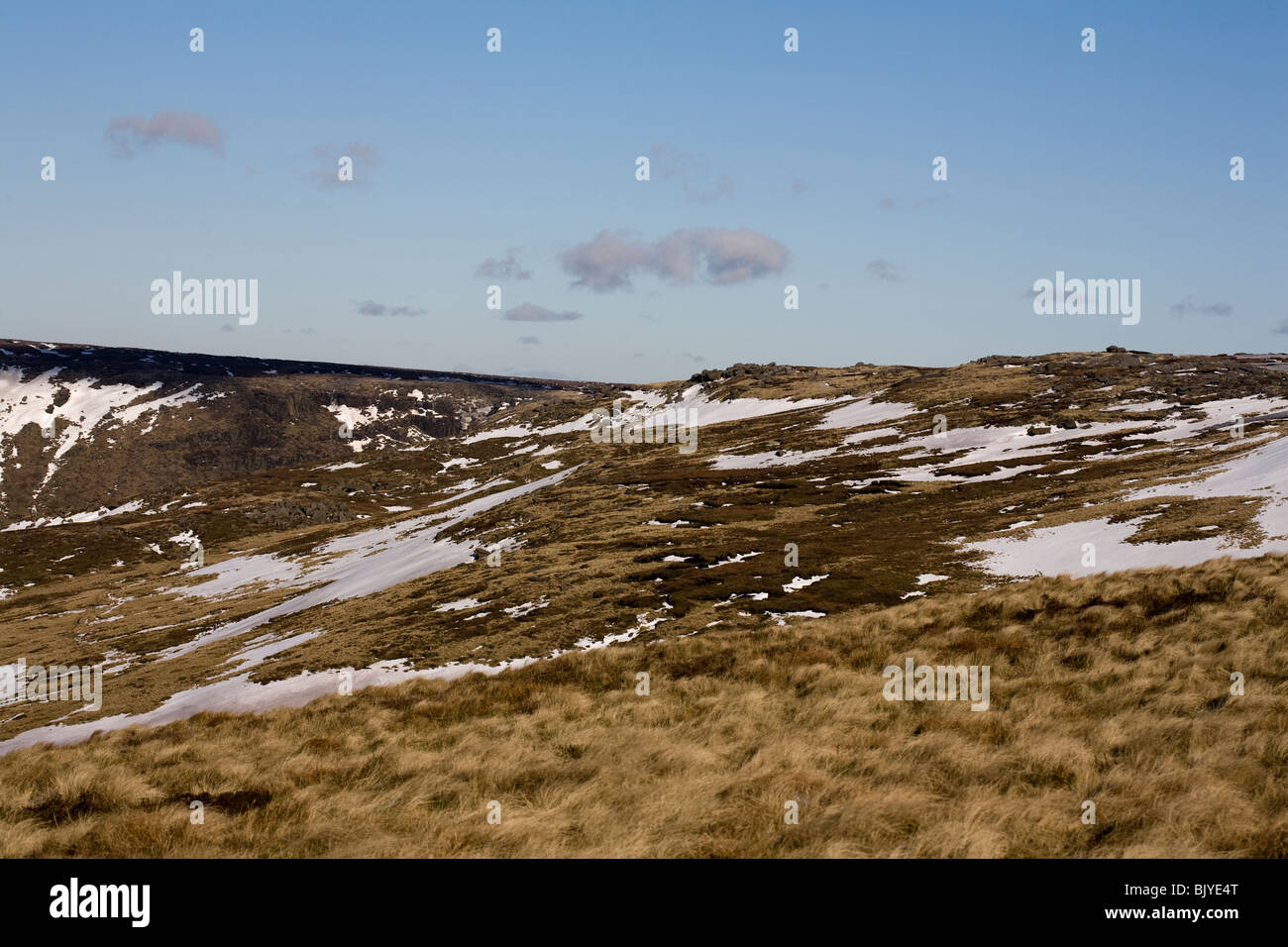 A Winter view of  Kinder Scout Western Edges toward Kinder Low from  the path up Oaken Clough near Edale Cross Hayfield, Derbyshire, England Stock Photo