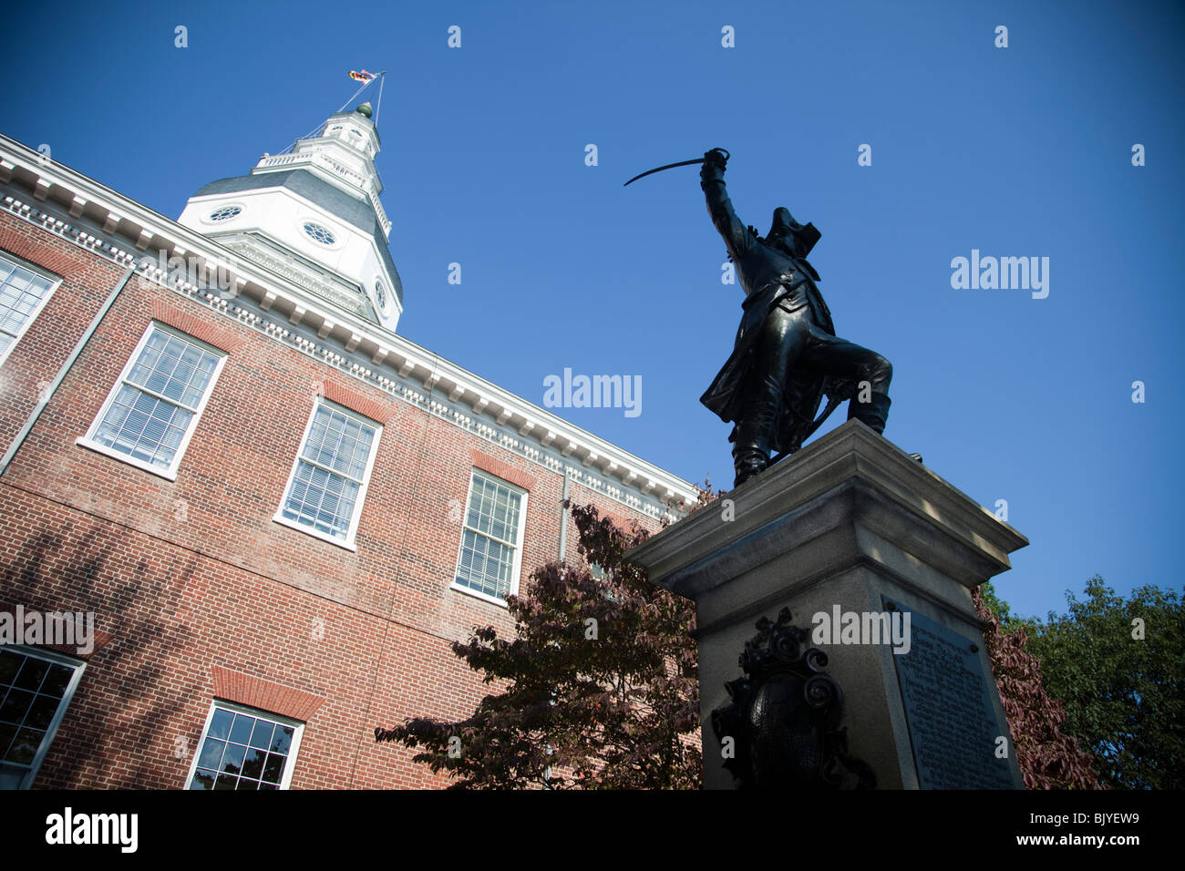 A statue of Baron de Kalb sits in front of the Maryland State House in Annapolis. Stock Photo
