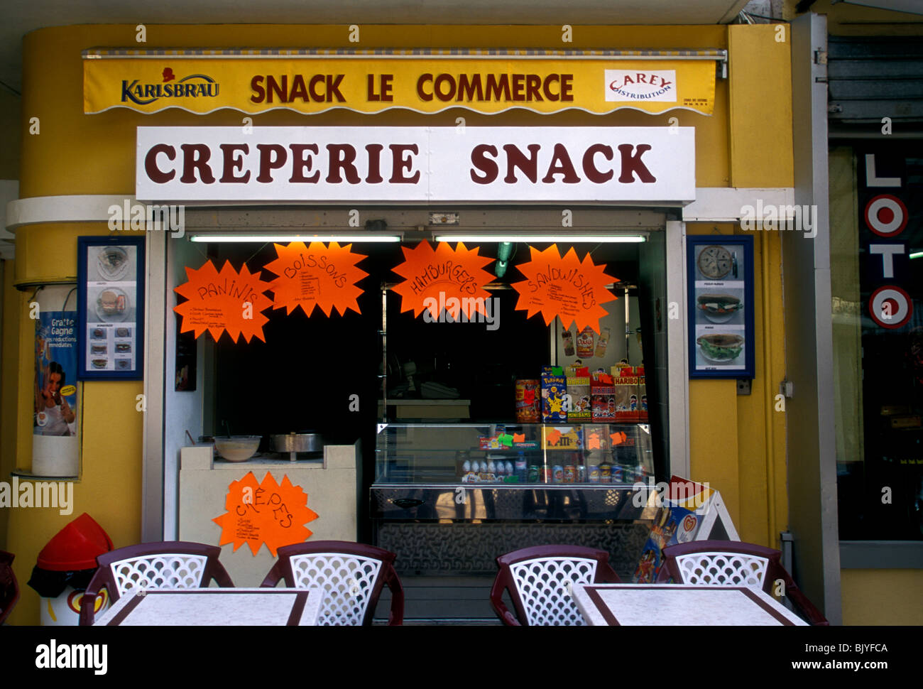 Creperie Snack, creperie, crepe, crepes, sign, menu, French restaurant, French food and drink, French food, Orange, France Europe Stock Photo