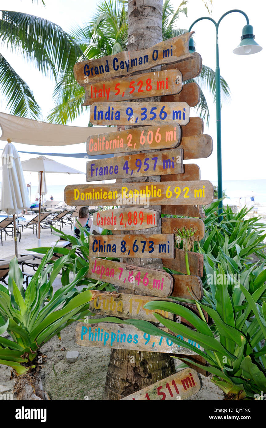 Sign marking distances from Grand Cayman Islands Caribbean Stock Photo Alamy