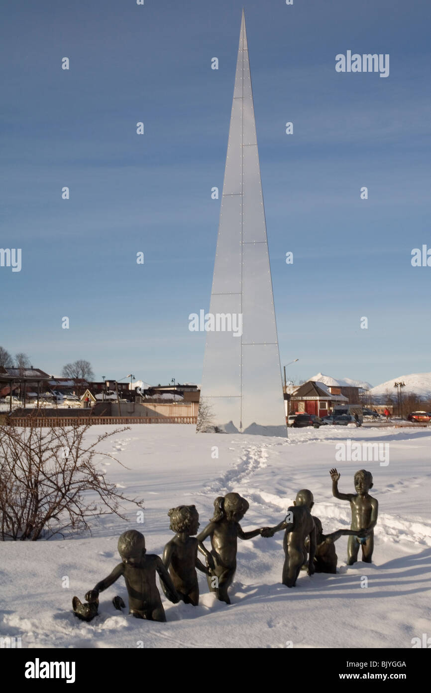Norway Nordland Narvik Playing children statue & Peace trigon Stock Photo