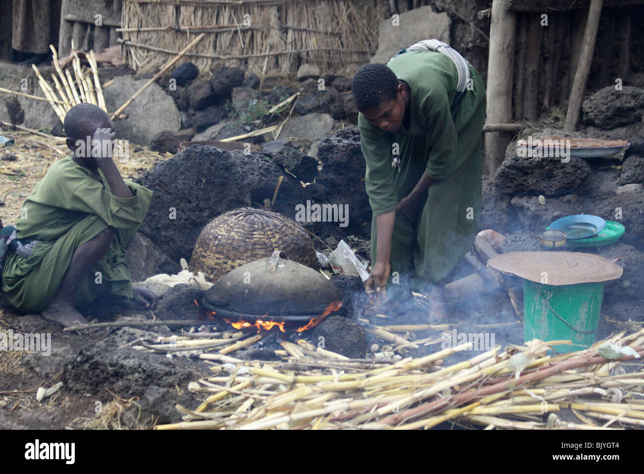 Africa, Ethiopia, Lalibela, Woman cooking Injera (pancake like bread