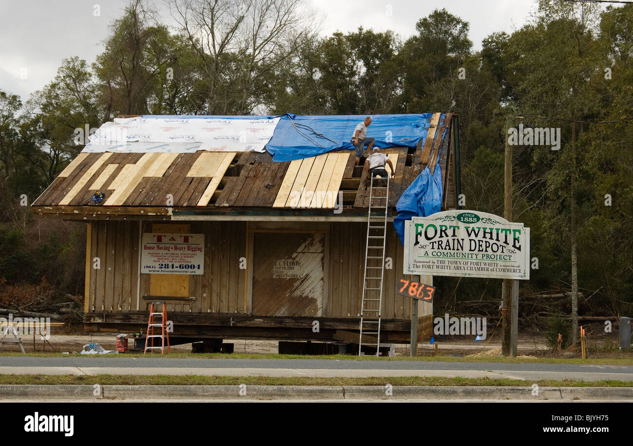 restoration of old Ft. White Train Station, Depot Stock Photo