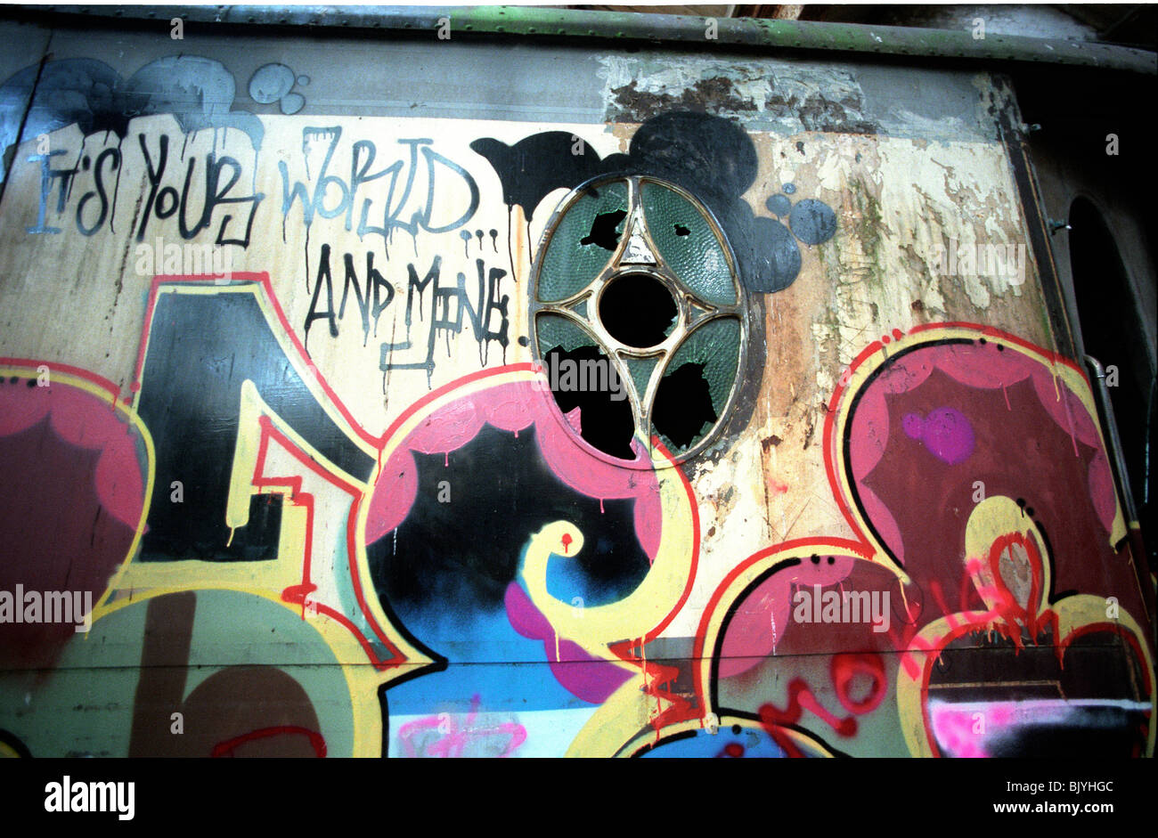 Graffiti covers a railway coach of the decaying Brighton Belle Pullman train Stock Photo