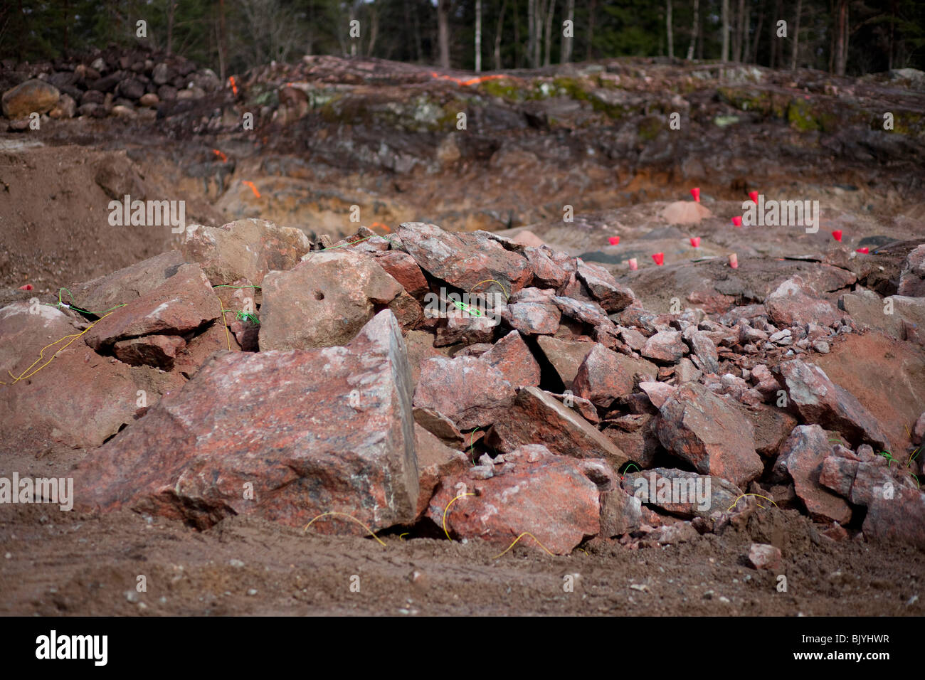 Place of work with stone and dynamite on workplace Stock Photo