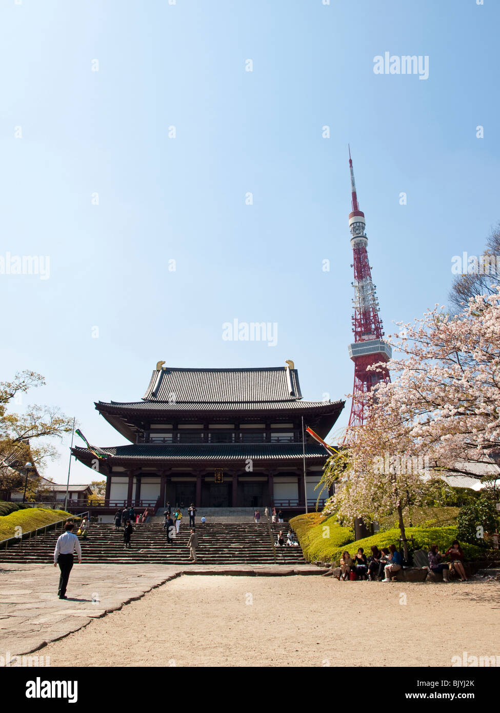 Zojoji Temple and Tokyo Tower in Japan Stock Photo