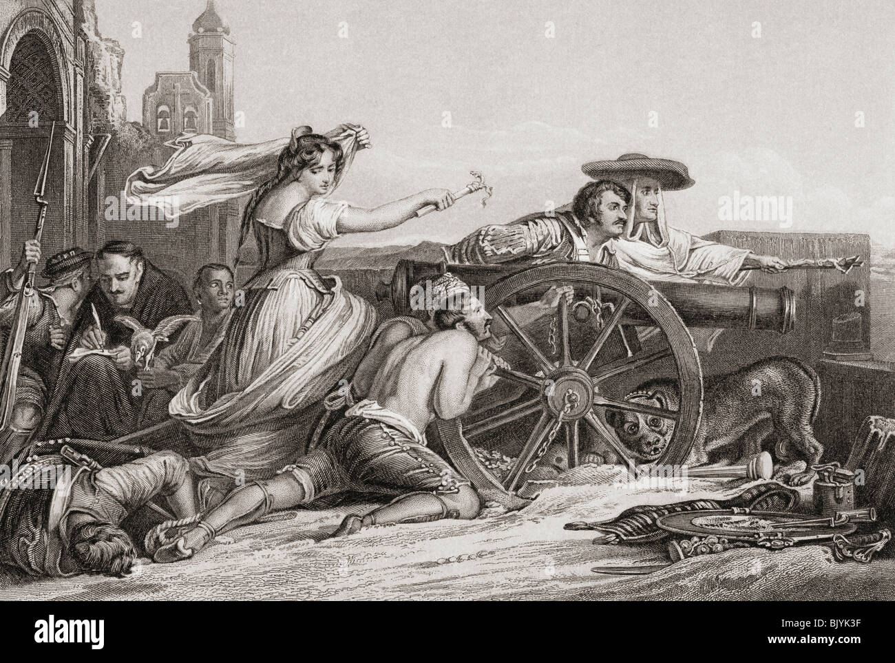The Defence of Saragossa, Spain, 1808-9. Augustina, The Maid of Saragossa serving in the batteries. Stock Photo