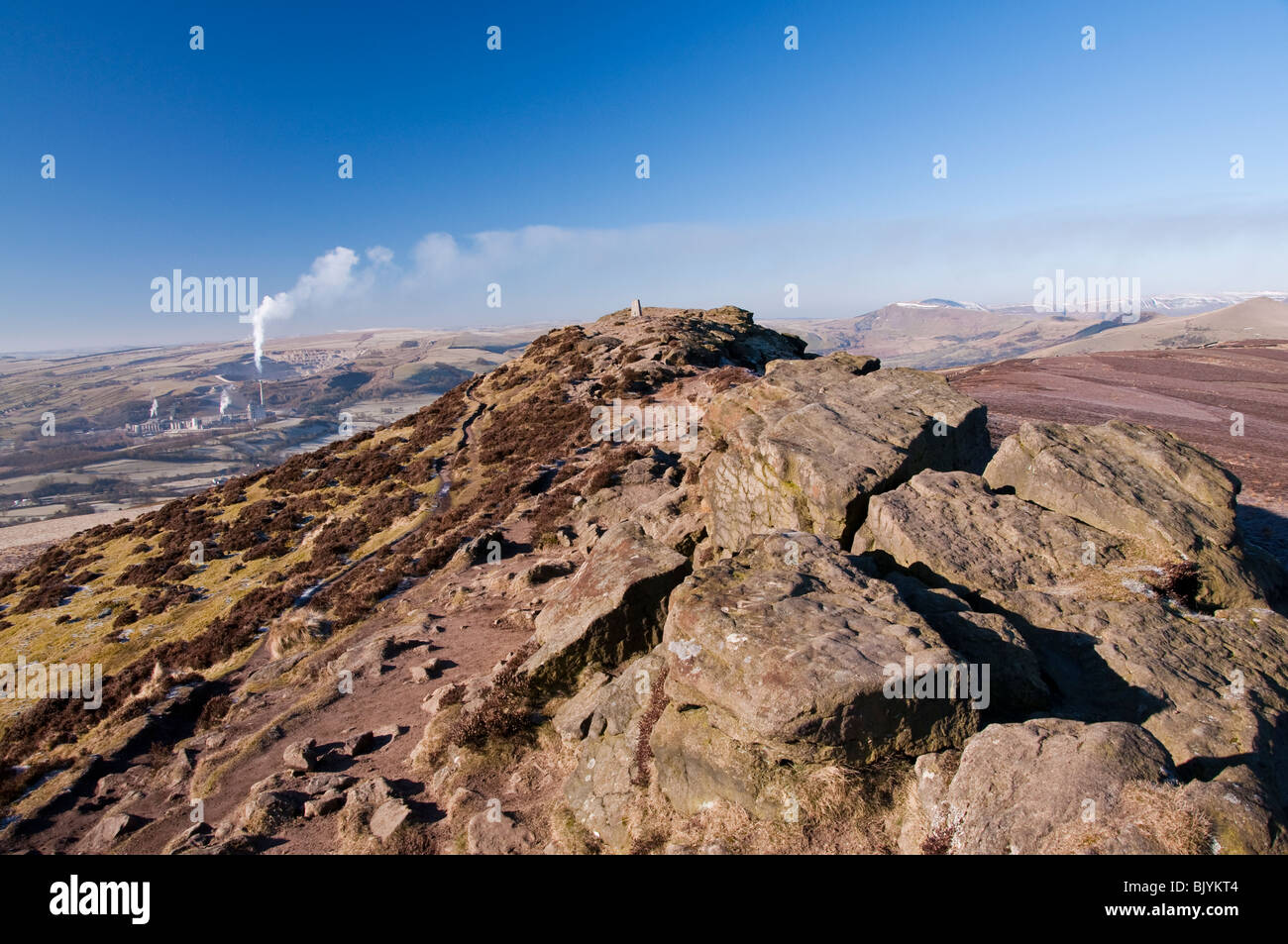 The summit ridge on Win Hill in the Peak District National Park. Popular with walkers the view is extensive in all directions. Stock Photo