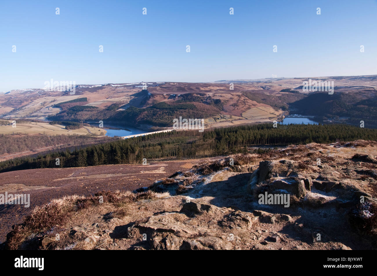 Ladybower Reservoir in the Derwent Valley from Win Hill in the Peak District Stock Photo