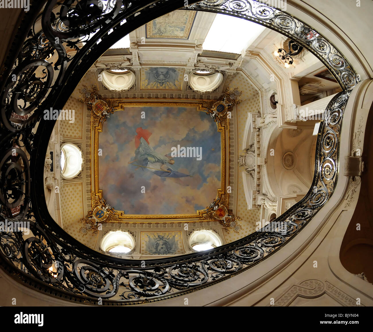 The staircase and ceiling of the Hall of Honour, Chantilly Chateau, France Stock Photo