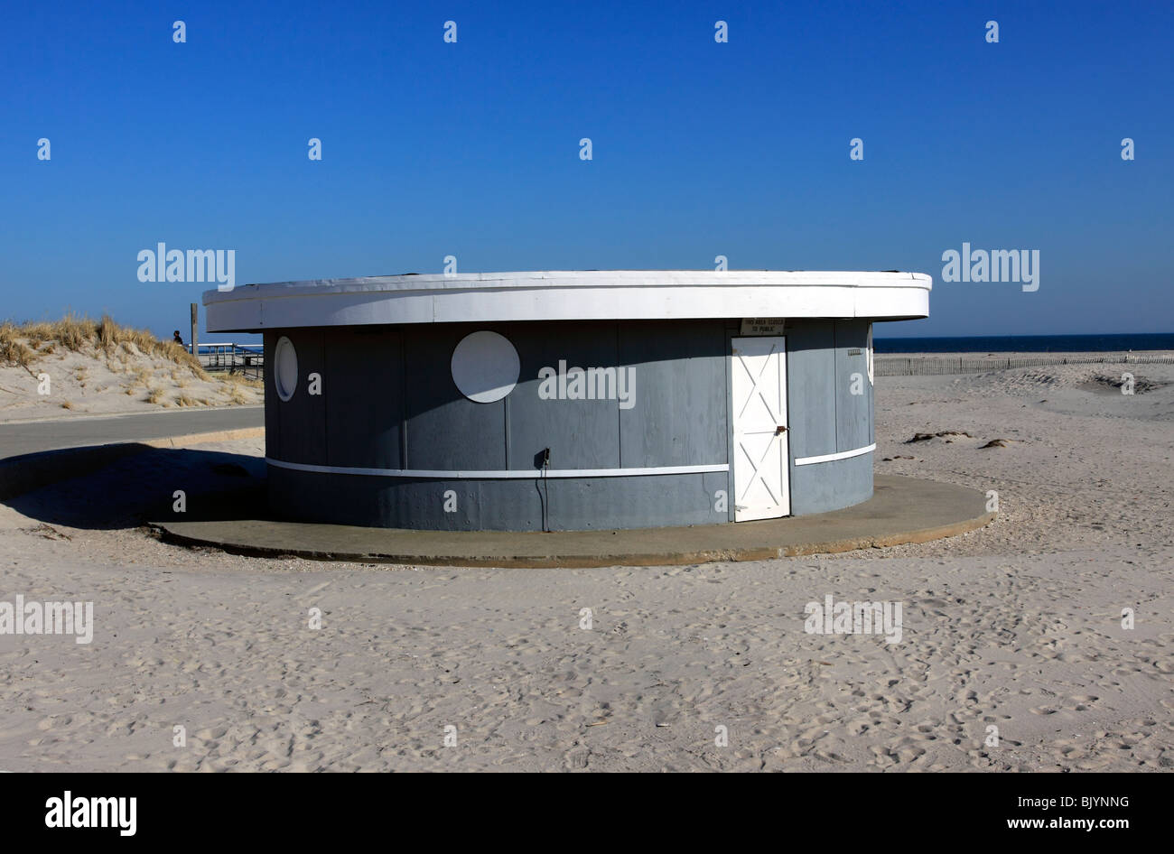 Beach umbrella stand closed for the season, Jones Beach, Long Island