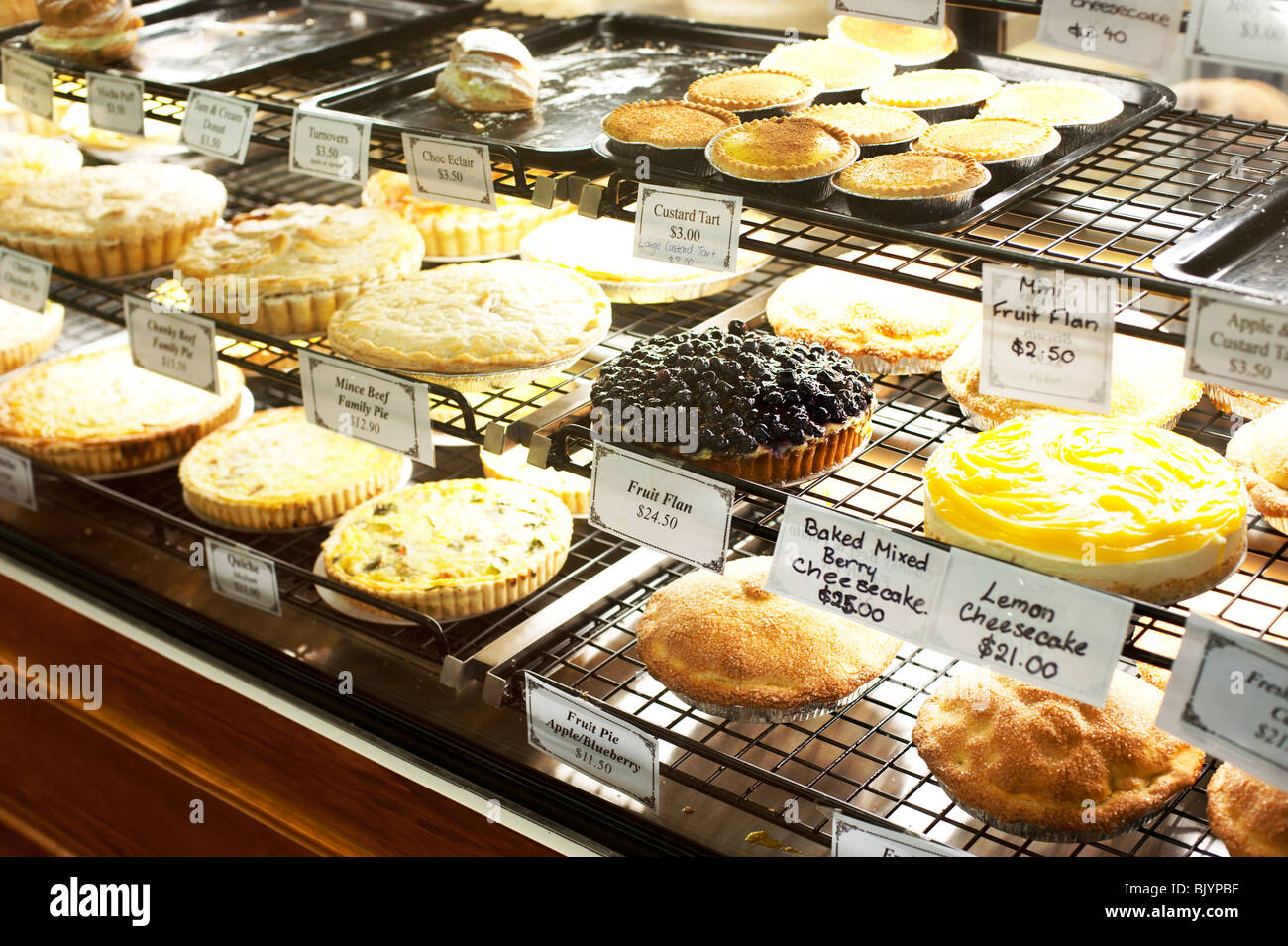 Germanstyle cakes and pastries for sale in a bakery in Hahndorf, South Australia Stock Photo