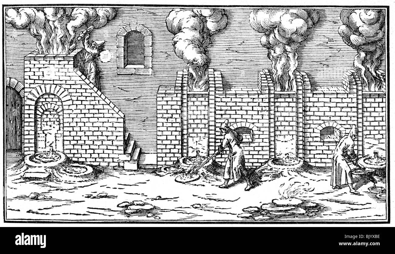 industry, metal, melting furnace from 17th century, after Loehneyss 'Report from mine', 1617, Stock Photo