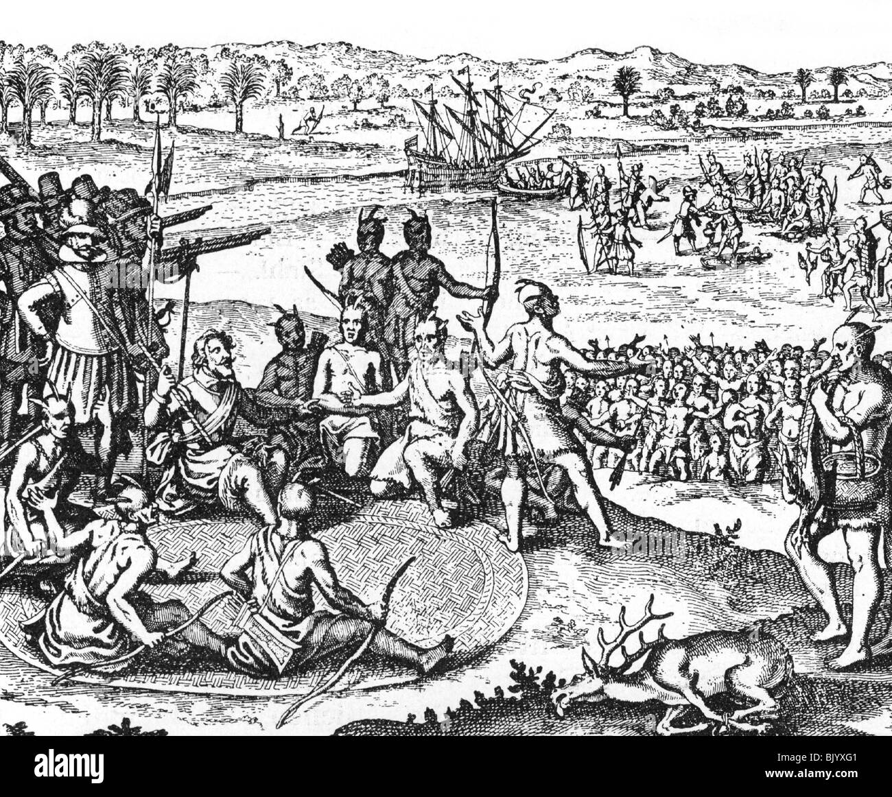 geography / travel, United States of America, colonization, Dutch under Pieter Minnewit purchasing Manhatten in 1626, Stock Photo