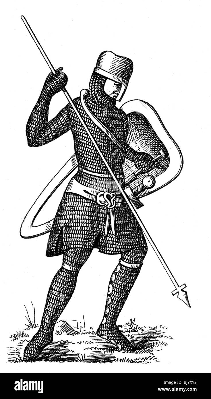 military, Middle Ages, German knight from the 11th century, wood engraving, 19th century, after illumination from a gospel book, Bamberg, historic, historical, armour, armor, ring mail, chain maille, shield, lance, warrior, Ottonian, helmet, medieval, people, Stock Photo