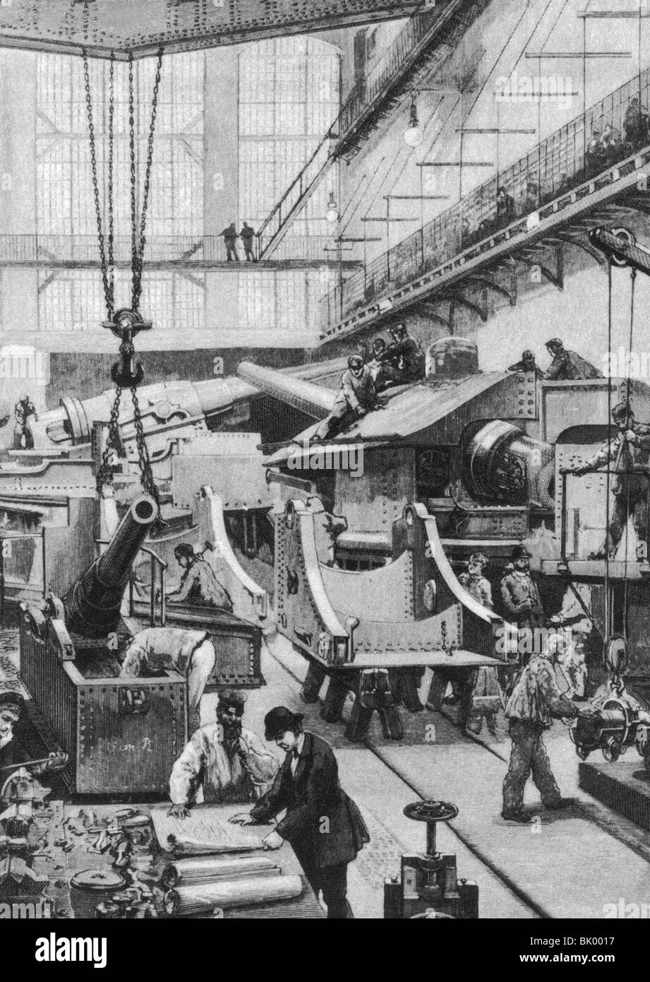 industry, metal, Krupp, manufacture hall, mounting of cannon, Essen, Germany, drawing, 1890, Stock Photo