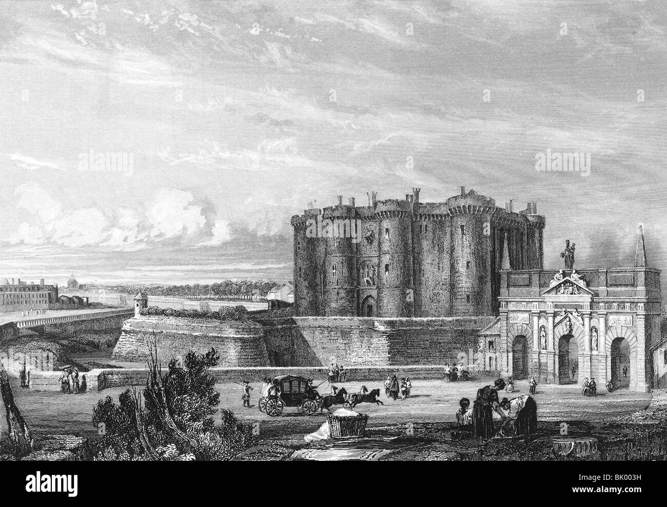geography / travel, France, Paris, Bastille at Porte Saint Antoine, after  painting from 18th century, steel engraving by Brother's Rouague, 19th  century, historic, historical, Western Europe, state prison, prisons,  fortress, city fortifications,