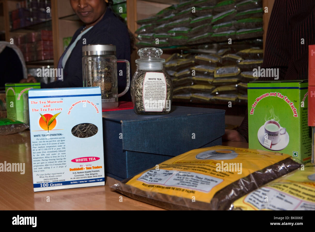 India, Tamil Nadu, Udhagamandalam (Ooty), tea factory, processed packaged tea for sale in factory shop Stock Photo