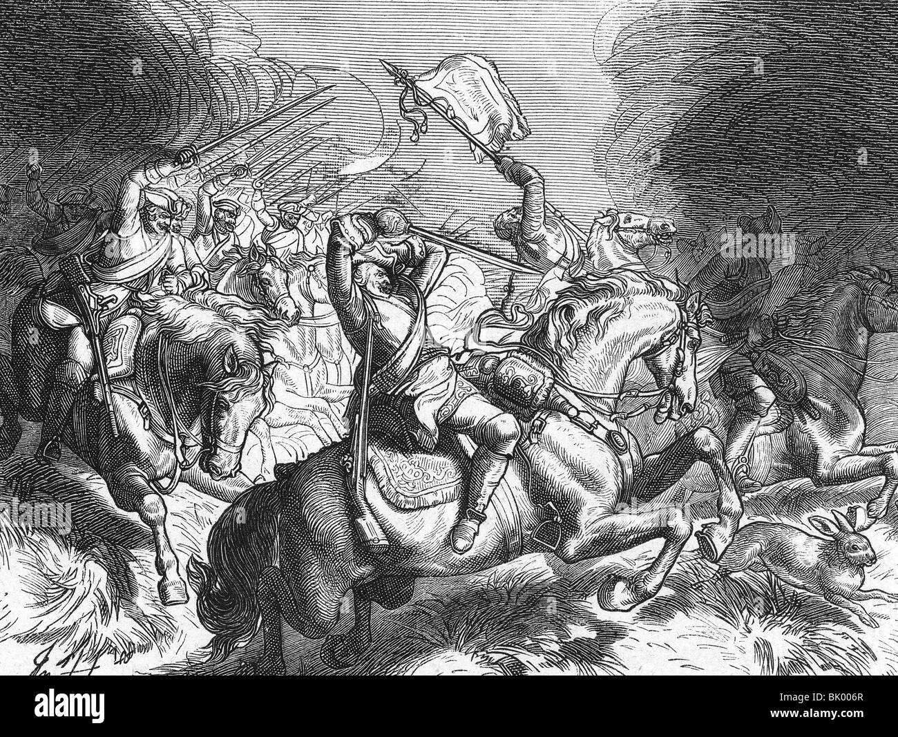 events, Seven Years War 1756 - 1763, Battle of Rossbach, 5.11.1757, charge of Prussian cuirassiers, wood engraving, 19th century, Third Silesian War, cavralry, General Friedrich Wilhelm von Seydlitz, Saxony-Anhalt, Saxony Anhalt, Germany, 18th century, historic, historical, people, Stock Photo