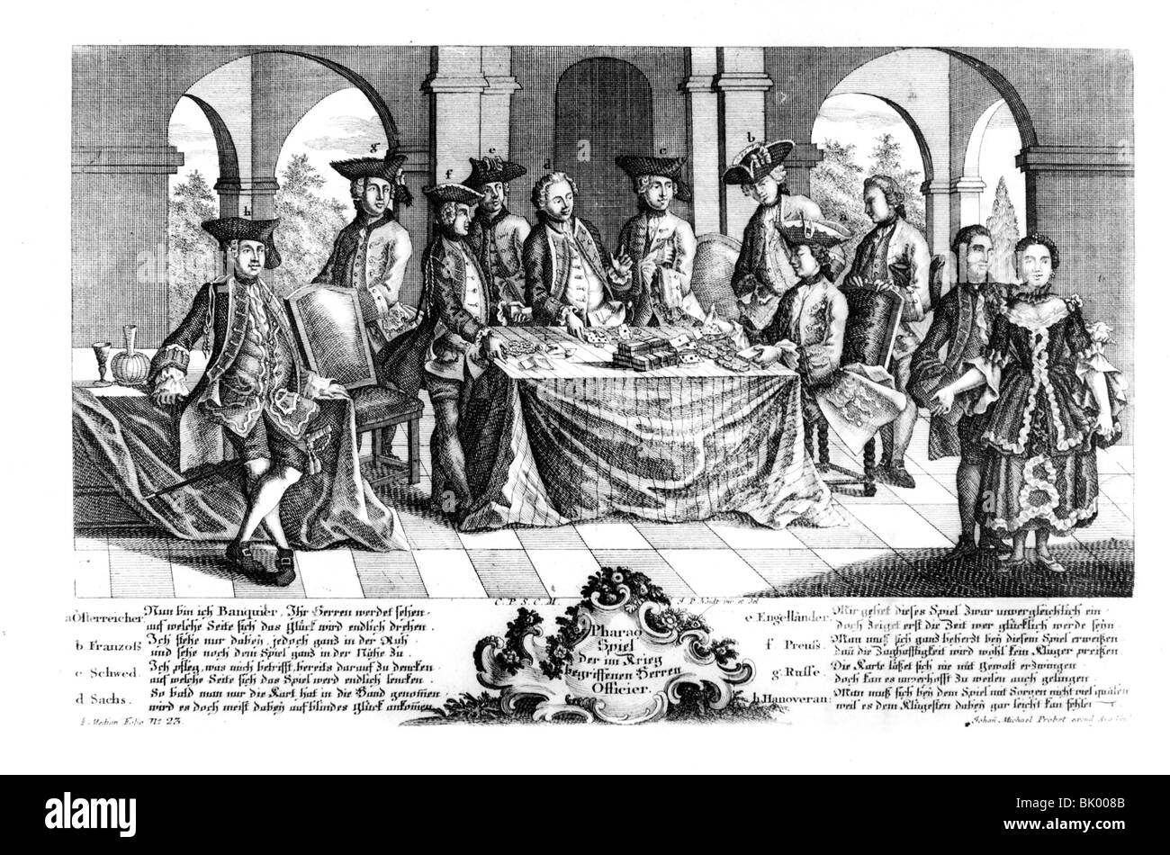 Seven Years War 1756 - 1763, Allegorie, 'Faro Game of the Officers involved in the War', copper engraving by J. P. Kandt, printed by Johann Michel Probst, Augsburg, 1756, , Stock Photo
