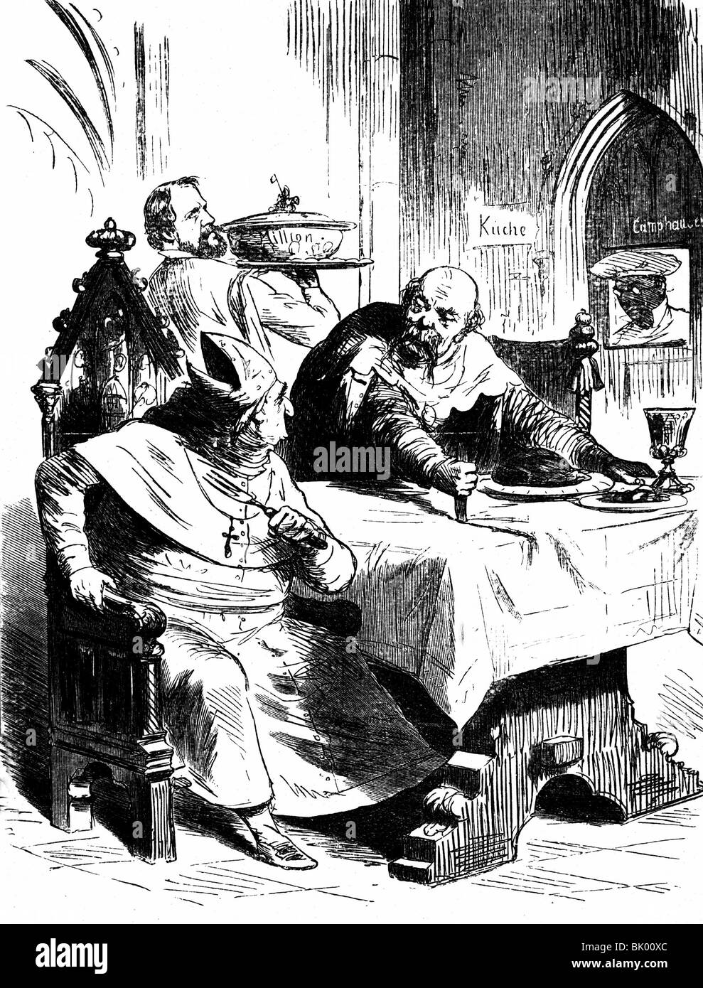 geography / travel, Germany, politics, 'culture struggle', caricature, 'Das Tischtuch wird zerschnitten' (The tablecloth will be cut up), Otto von Bismarck, Pope Pius IX, drawing from 'Berliner Wespen', 1876, Stock Photo