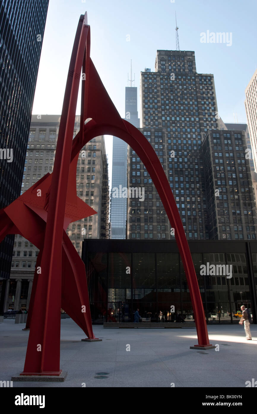 Federal Plaza in Chicago with Pink Flamingo statue in the foreground and Willis (Sears) tower in the background Stock Photo