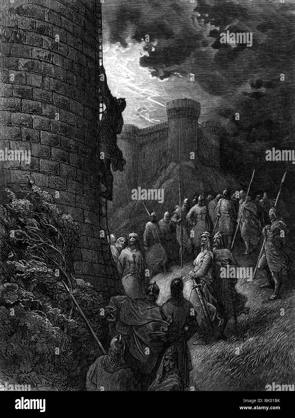 Middle Ages, crusades, First Crusade 1096 - 1099, seizure of Antioch, Bohemond of Taranto is climbing a tower, 2.6.1098, wood engraving by Pisa after drawing by Gustav Dore, 'Histoire des croisades' by Joseph Francois Michaud, 1875, Artist's Copyright has not to be cleared Stock Photo