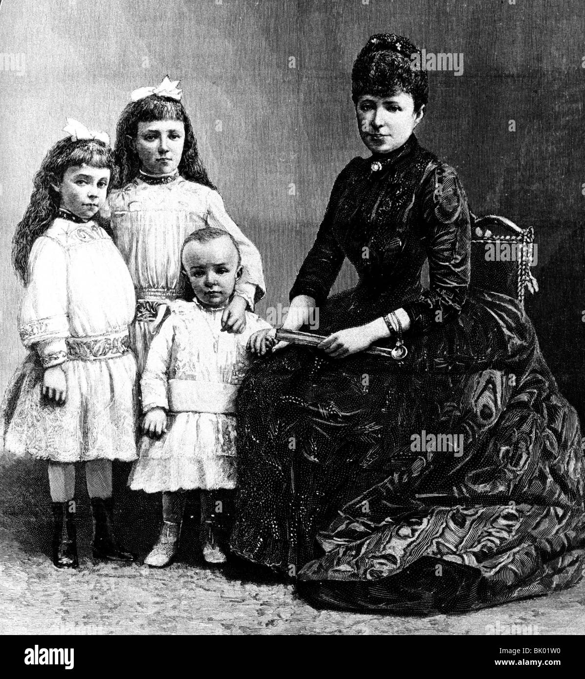 Marie Christine, 21.7.1858 - 6.2.1929, Queen consort of Spain 1885 - 1902, group picture, with her children Maria de las Mercedes, Maria Theresia & Alfons, wood engraving after drawing by R. Taylor, circa 1890, Stock Photo