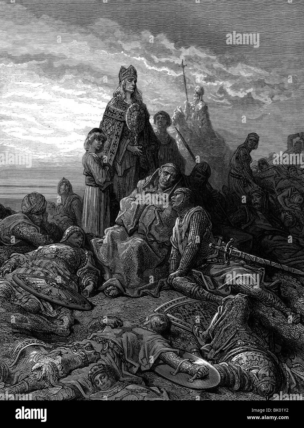 Middle Ages, crusades, confession of a dying knight after the battle, wood engraving by Jamard after drawing by Gustav Dore, 'Histoire des croisades' by Joseph Francois Michaud, 1875, Artist's Copyright has not to be cleared Stock Photo